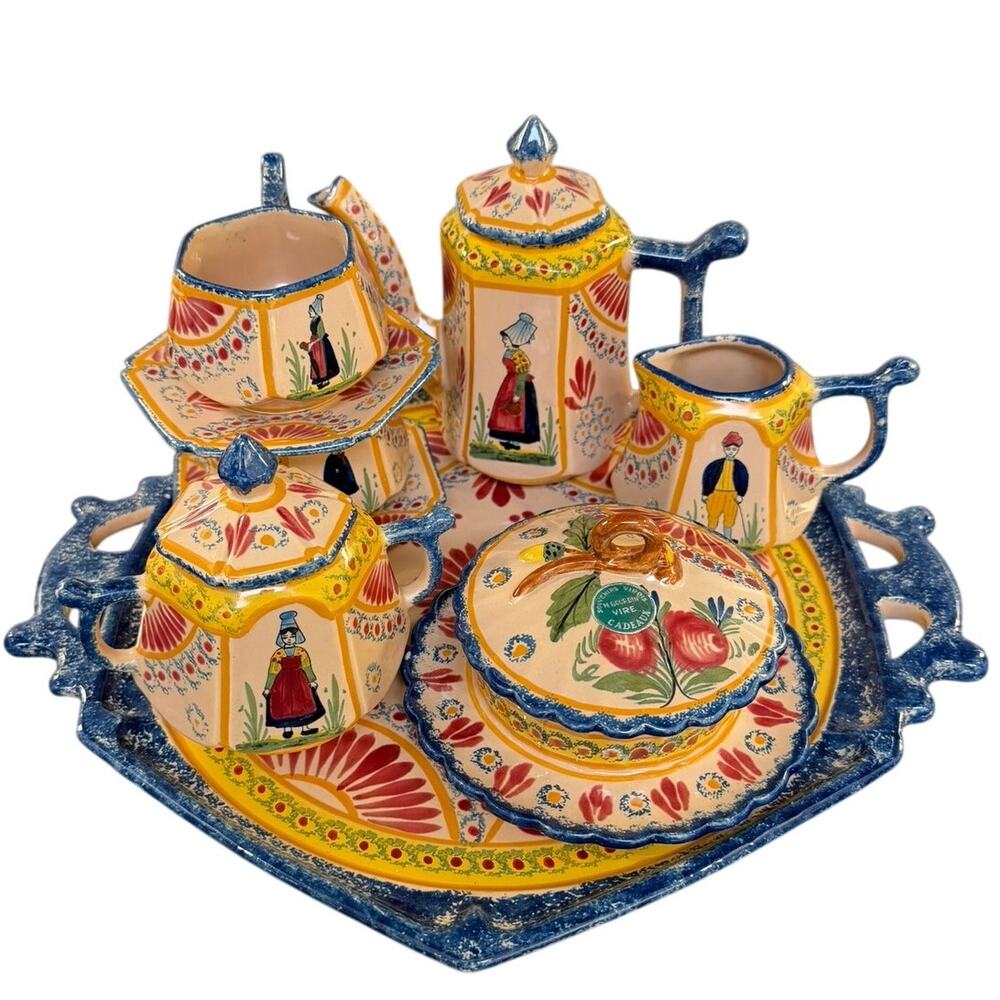 French Vire Faience Vintage Tray Teapot Cups Sugar Cream Covered Dish-9 PC Set - Picture 11 of 14